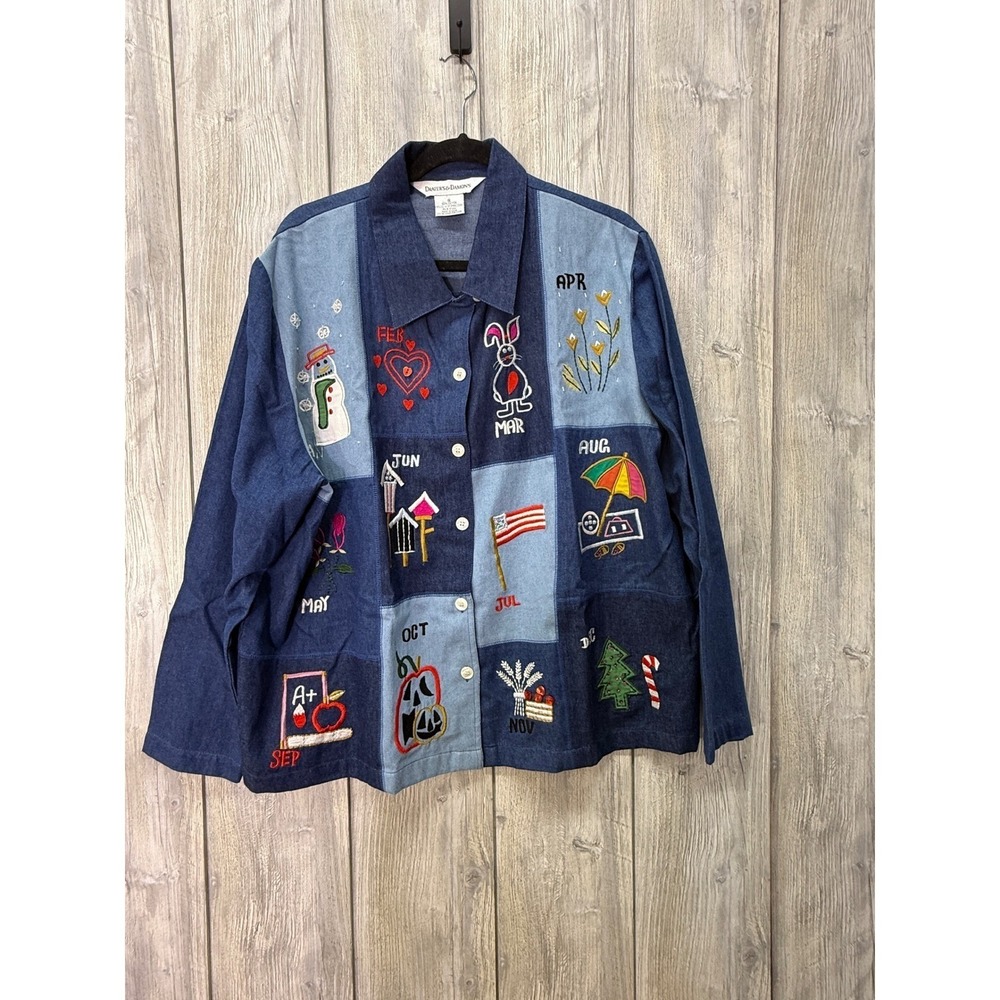 Drapers & Damon Womens Denim Shirt Jacket Patchwork Months Year Embroidery